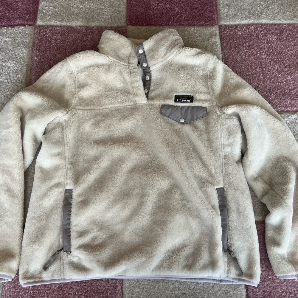 L.L. Bean Cream and Gray Teddy Jacket with Stand-Up Collar